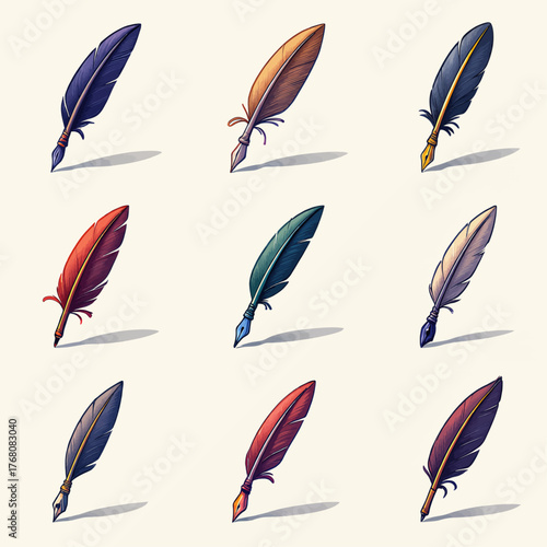 Colorful feather quill pens collection, vintage writing tools, isolated on cream background