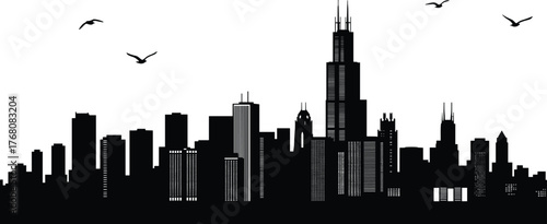 Modern city skyline silhouette with skyscrapers and flying birds, black urban cityscape illustration for architecture, travel, business, and design projects