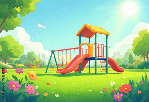 Colorful playground with slides and swings, vibrant cartoon-style park scene