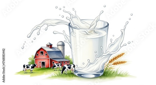 Fresh Milk Splash at Farm with Cows and Barn on World Milk Day
