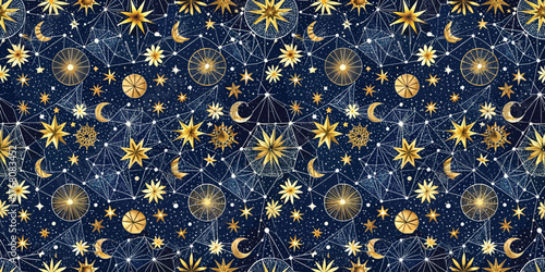 Elegant celestial pattern featuring stars, moons, and geometric designs in golden tones on a dark blue background.