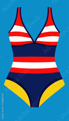 Colorful striped swimsuit design, minimalist beachwear illustration, isolated on blue background