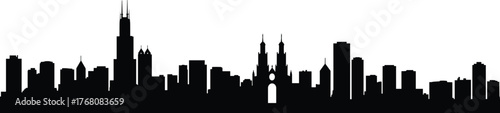 Modern urban city skyline silhouette, black architectural cityscape illustration with skyscrapers and towers, perfect for design, travel, business, and real estate