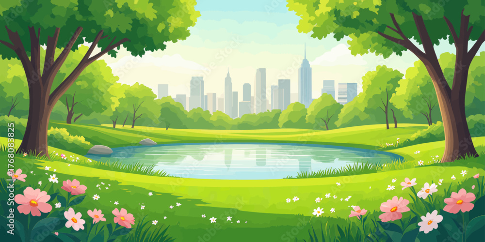 Obraz premium Colorful vector park scene with pond flowers and city skyline in background