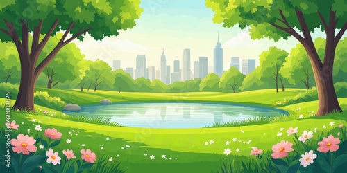 Colorful vector park scene with pond flowers and city skyline in background