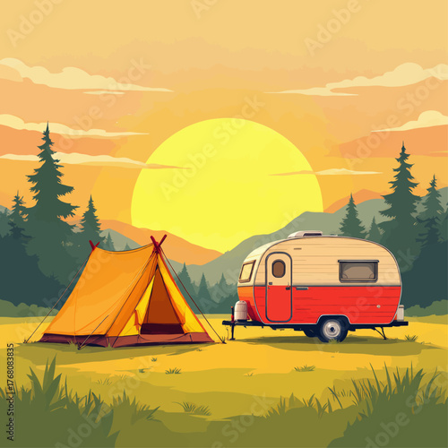 Colorful vintage camper and tent at sunset, retro camping scene, peaceful outdoors