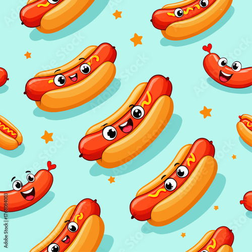Cute cartoon hot dogs with mustard, cheerful pattern design, playful food theme