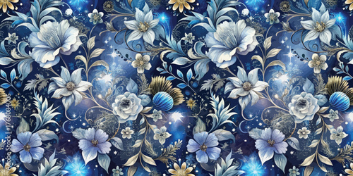 Elegant floral pattern featuring blue and white flowers against a dark background.
