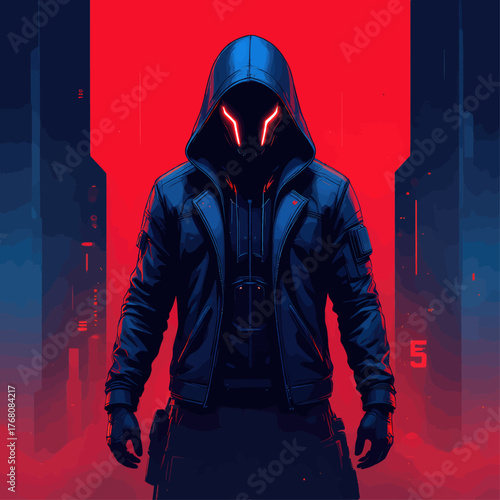 Cyberpunk hooded figure with glowing red eyes, futuristic city backdrop, dark tones
