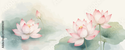 Delicate pink lotus flowers in watercolor style, soft green leaves, serene pond scene
