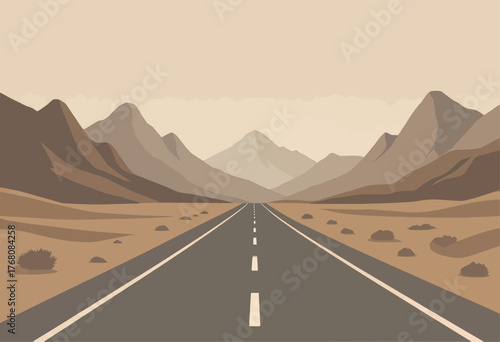Desert highway stretching into mountain range, flat vector illustration