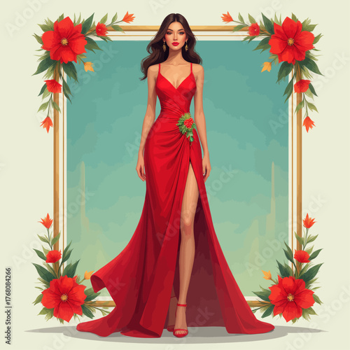 Elegant woman in red gown with floral frame, glamorous portrait illustration