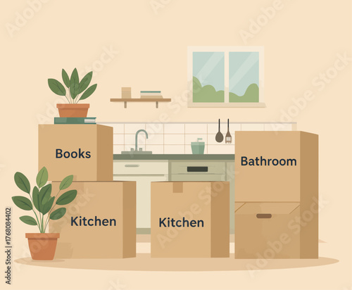 Flat illustration of moving boxes labeled kitchen bathroom books in a cozy room