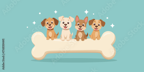 Four cute puppies sitting on bone sofa, cartoon style, playful pets illustration