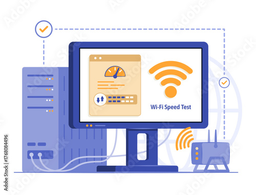 Wifi Router Modem Transmitting the Wireless Signal to Desktop PC Computer for Testing Wifi Signal Speed for Internet and Wireless Network Connection Technology Concept Illustration