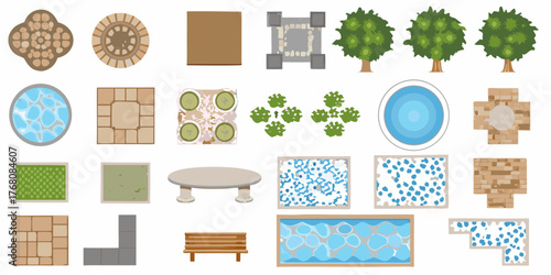Top down view garden elements collection for landscape design and planning