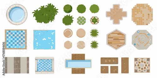 Collection of top down view landscape design elements for outdoor spaces and gardens