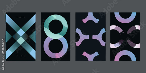 Set of four abstract modern graphic design posters with gradient shapes and geometric patterns on black background