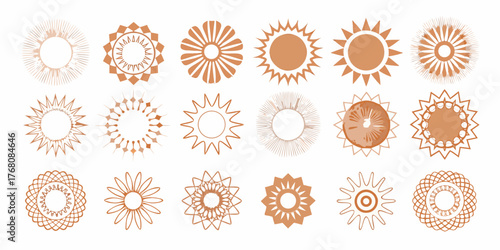 Collection of diverse sun and starburst graphic elements in warm earth tones