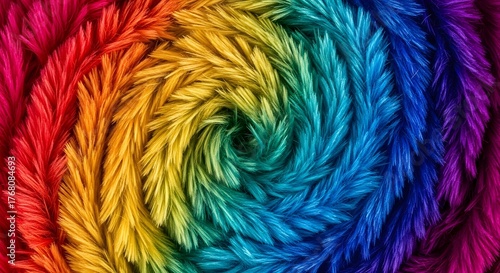 Closeup of a rainbowcolored spiral made of fluffy material, abstract and vibrant