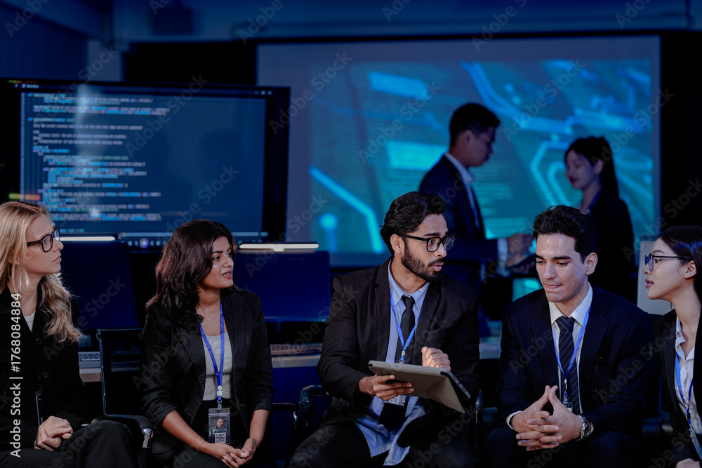 Obraz premium A large IT department meeting in a command center (SOC). An Indian analyst holds a tablet, listening with his team to a cybersecurity update on an AI system.