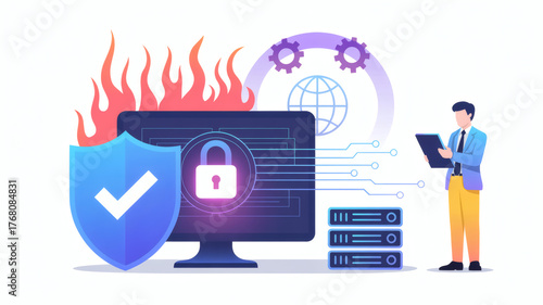 Cybersecurity concept with a locked computer screen shield flames and a person reviewing data representing digital protection and data security