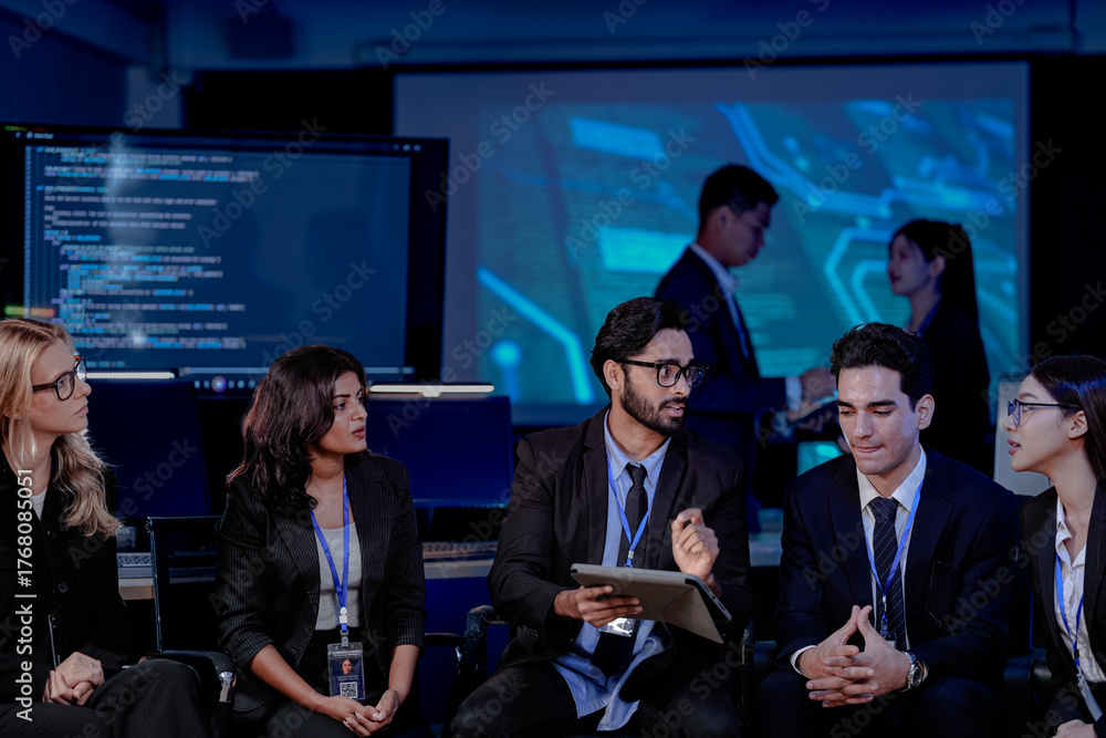 Obraz premium An Indian man with a tablet asks a question during a large team briefing. His diverse colleagues, including Indian and Caucasian women and men, listen in a high-tech conference room.