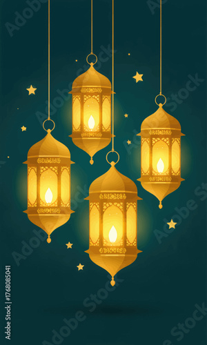 Golden hanging lanterns glowing warmly against starry night sky background