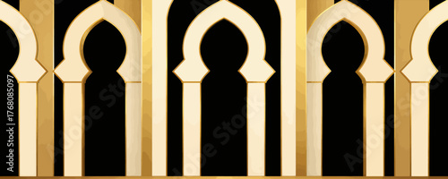 Golden Islamic arches pattern, ornate mosque design, elegant geometric background