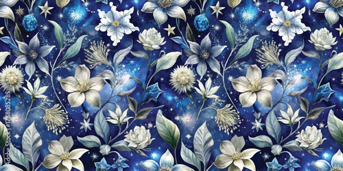 A stunning floral pattern featuring white and blue flowers against a deep navy background, evoking elegance.