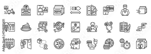 Food delivery icon set collection outline. Icon pack contains delivery, order, food, courier, package, restaurant, hotbox, tracking, fast food, service