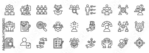 Human resources icon set collection outline. Icon pack contains recruitment, hiring, interview, candidate, employee, workforce, onboarding, training, development, and evaluation