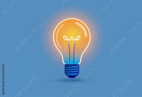 Idea light bulb glowing warmly against blue background, minimalist design