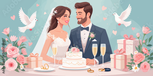 Happy couple celebrating wedding with cake champagne roses doves hearts