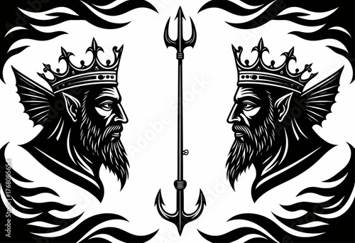 King Neptune facing mirror image with trident, black white vector art, ocean waves background