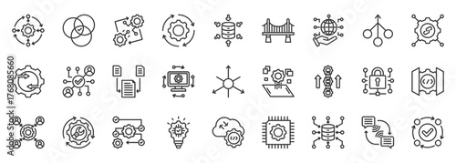 Integration icon set collection outline. Icon pack contains integration, connect, sync, merge, link, bridge, unify, combine, fusion, join