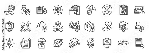 Insurance icon set collection outline. Icon pack contains insurance, policy, coverage, claim, protection, risk, security, lifetime, accident, health