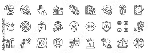 Mitigation icon set collection outline. Icon pack contains mitigation, prevention, reduction, control, protection, security, planning, preparedness, management, response