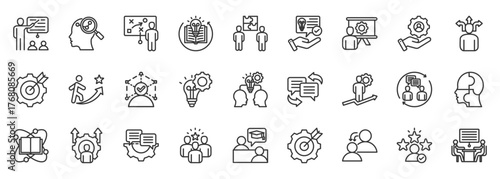 Mentoring icon set collection outline. Icon pack contains mentoring, guidance, coaching, training, teaching, learning, advice, support, leadership, and  mentee