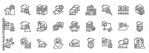 Real estate icon set collection outline. Icon pack contains property, housing, building, apartment, condo, land, mortgage, rental, tenant, affordable