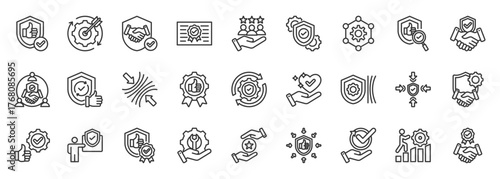 Reliability icon set collection outline. Icon pack contains reliability, trust, consistency, dependability, security, loyalty, integrity, accuracy, certainty, and endurance