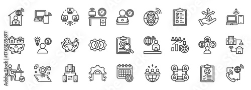 Remote work icon set collection outline. Icon pack contains remote, work, virtual, flexible, digital, mobile, branch office, team, collaboration, task