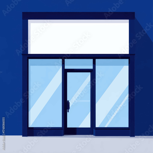 Minimalist storefront illustration with blue glass windows and dark frame isolated