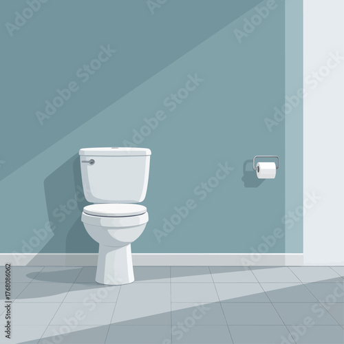 Minimalist white toilet with roll holder, clean bathroom interior, modern flat design