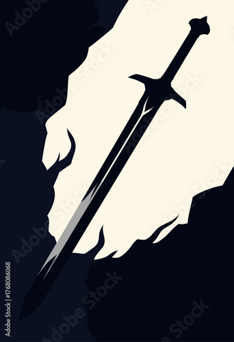 Minimalist sword silhouette with hand grip, dark background design