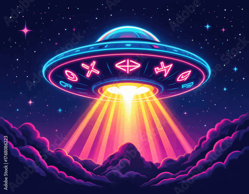 Neon UFO flying over clouds with glowing rays, vibrant sci-fi night sky art