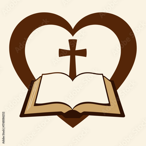 Open book with cross inside heart shape, minimalist religious symbol design