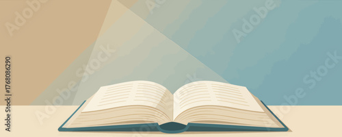 Open book with reading light beam, minimalist study concept, isolated on desk