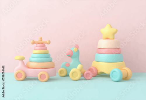 Pastel toy cars with stacking rings, soft color palette, playful design