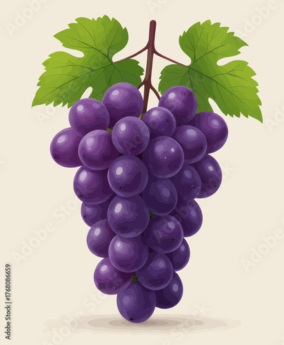 Purple grape cluster with green leaves, realistic vector illustration, isolated on beige background